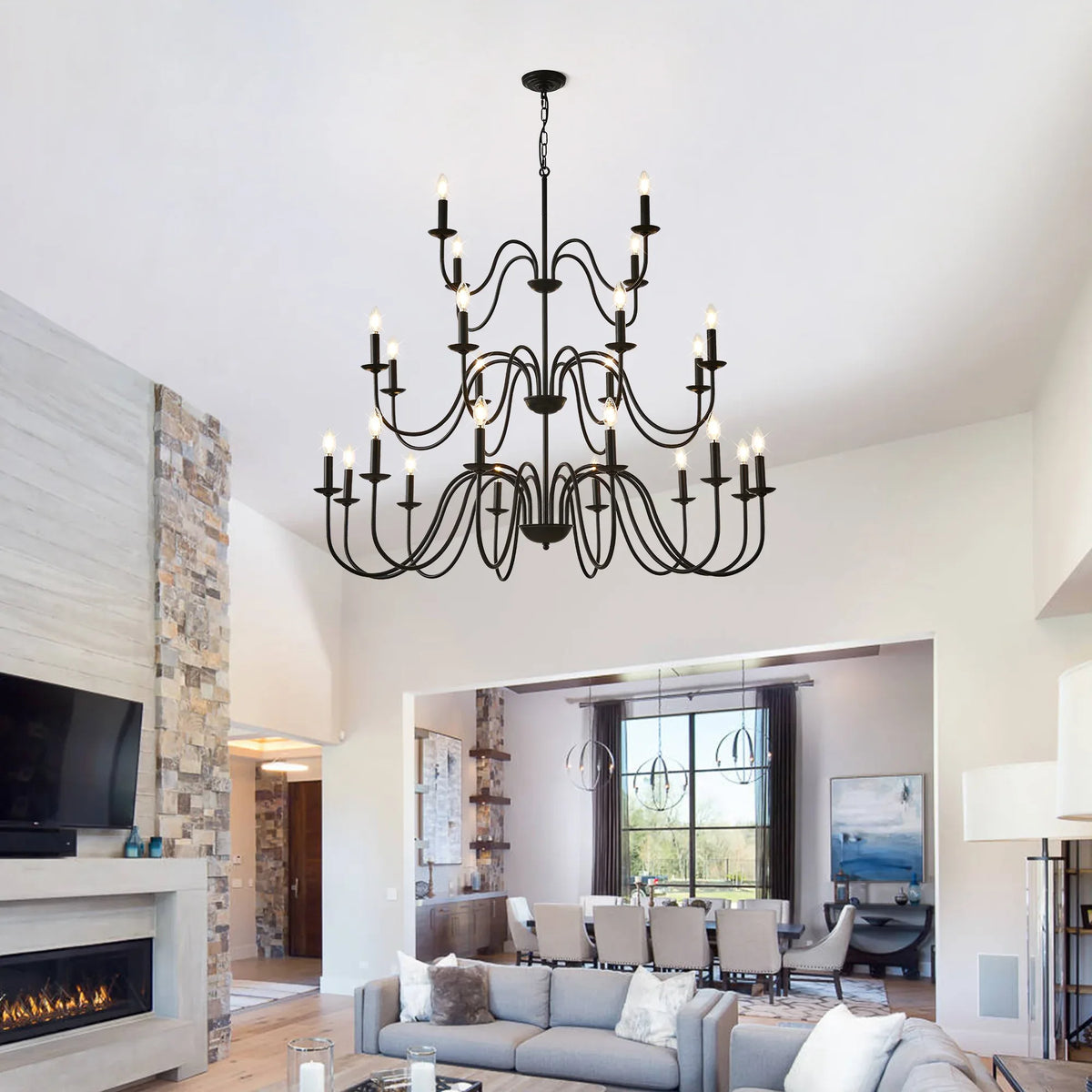 Farmhouse 24-Light Matte Black Metal Chandelier - Omega Lifestyles