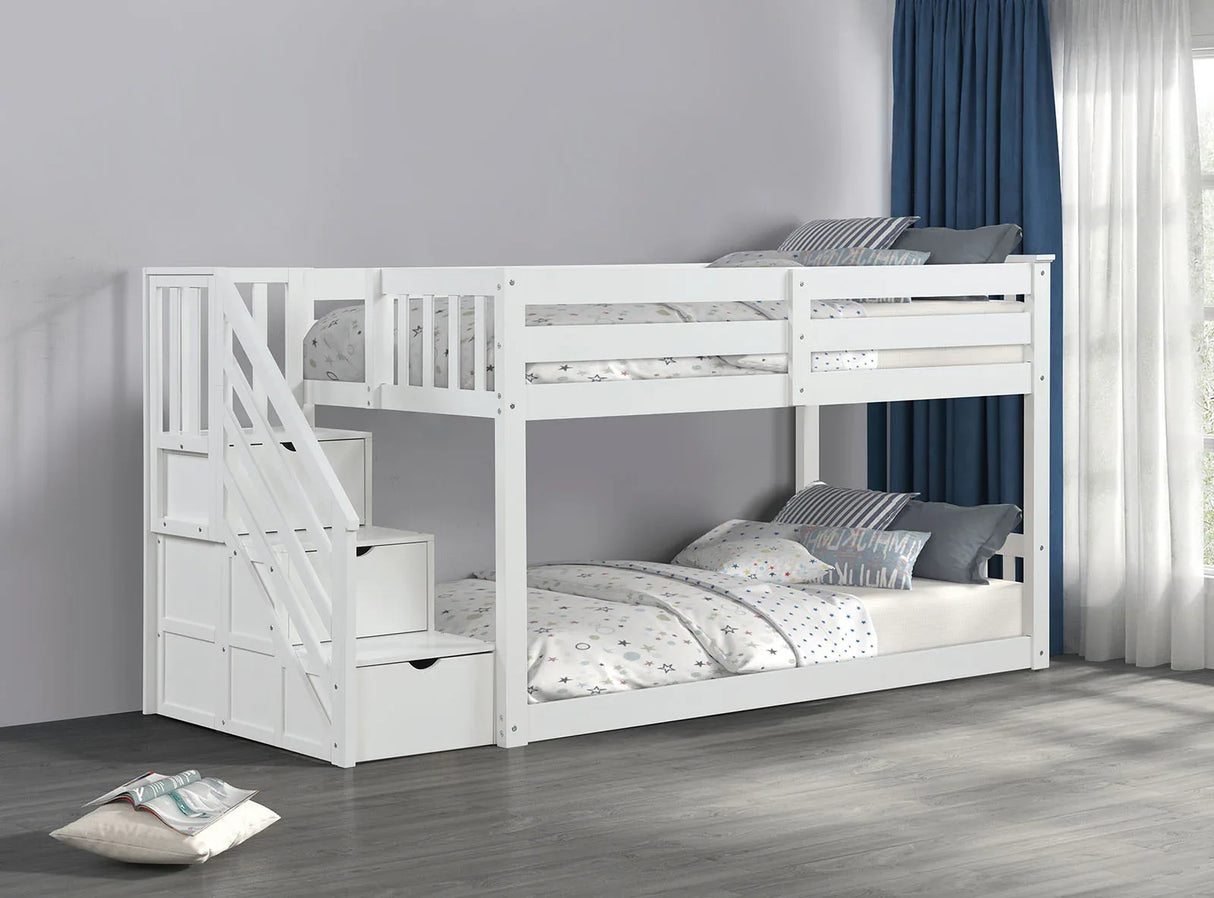 Transitional White Solid Pine Low Twin Over Twin Bunk Bed - Omega Lifestyles