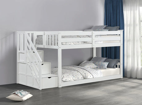 Transitional White Solid Pine Low Twin Over Twin Bunk Bed - Omega Lifestyles