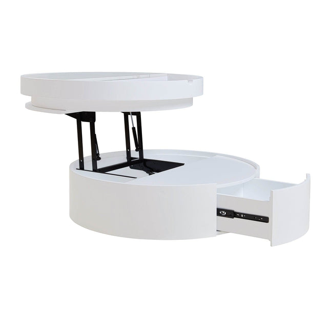 Modern White Walnut Round Lift-Top Coffee Table With Drawer - Omega Lifestyles