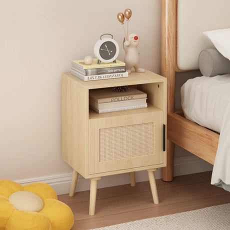 Oak Rattan Bedroom Nightstand With Solid Wood Legs - Omega Lifestyles
