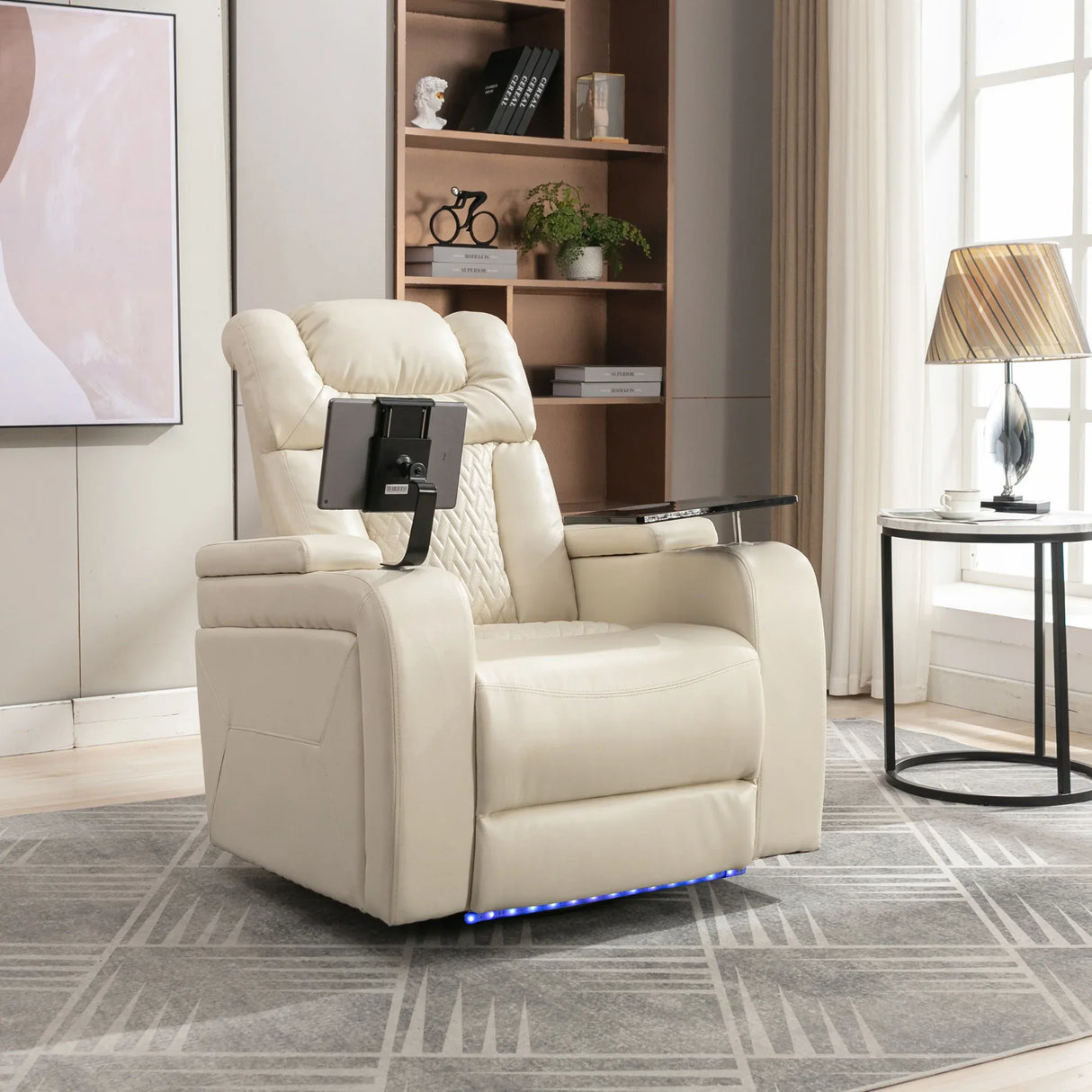 Power PU Leather Recliner Chair With Tray Table USB Port - Omega Lifestyles