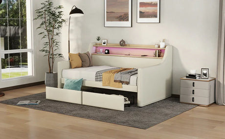Twin PU Leather Daybed With Storage Drawers Charging Station - Omega Lifestyles