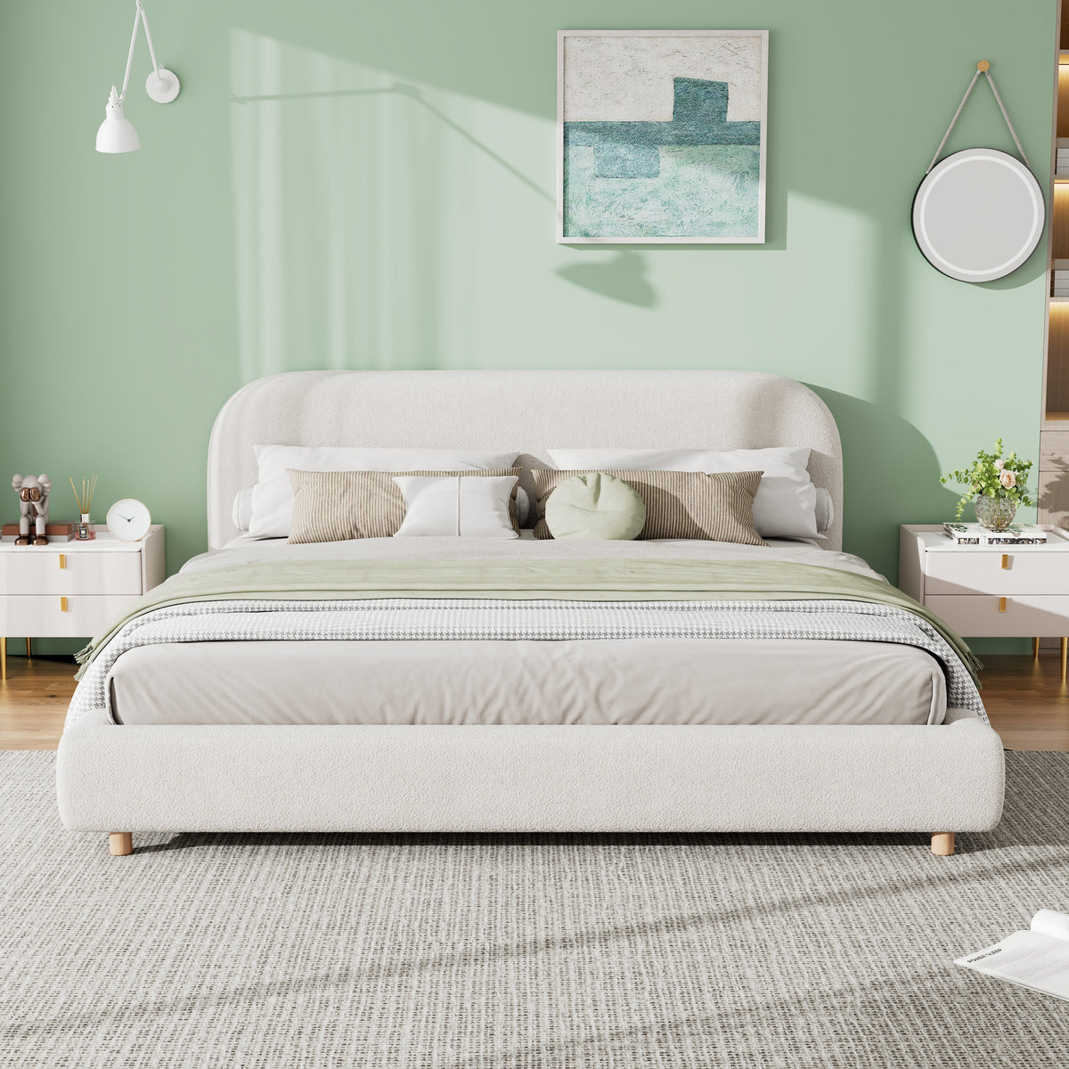 King Boucle Upholstered Platform Bed Frame