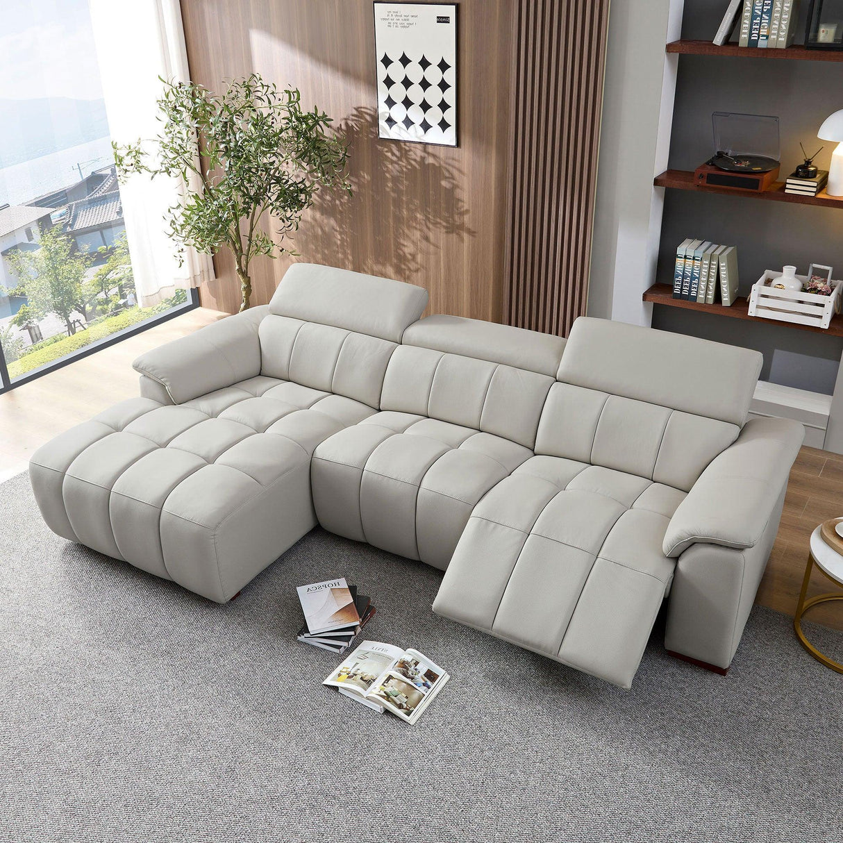 Electric Control Genuine Leather Wall Hugger Reclining L Chaise Sofa - Omega Lifestyles