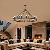 Farmhouse Matte Black Wagon Wheel Chandelier 36-Light 64-Inch - Omega Lifestyles