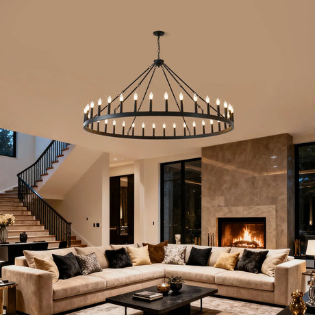 Farmhouse Matte Black Wagon Wheel Chandelier 36-Light 64-Inch - Omega Lifestyles