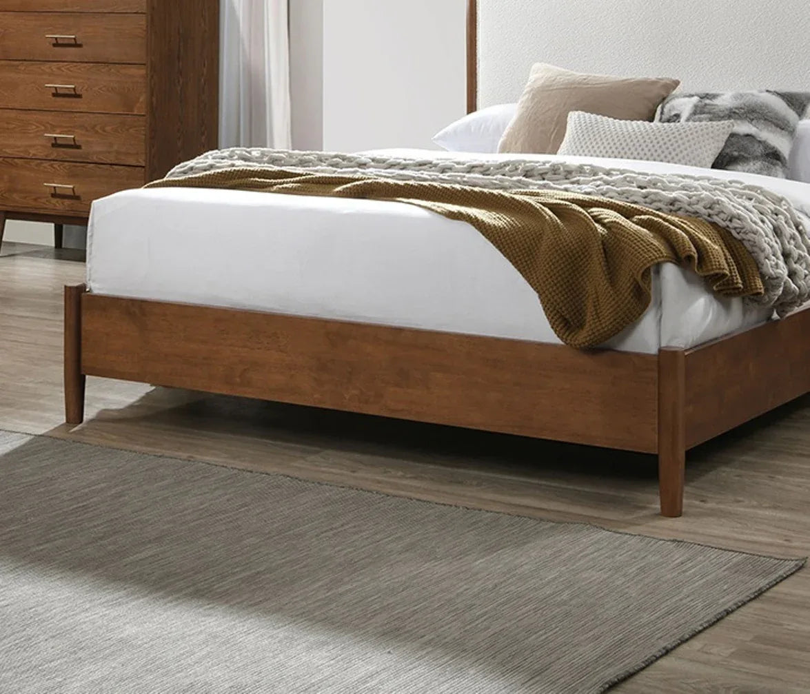 Queen Mid-Century Modern Walnut Beige Wood Bed Frame - Omega Lifestyles