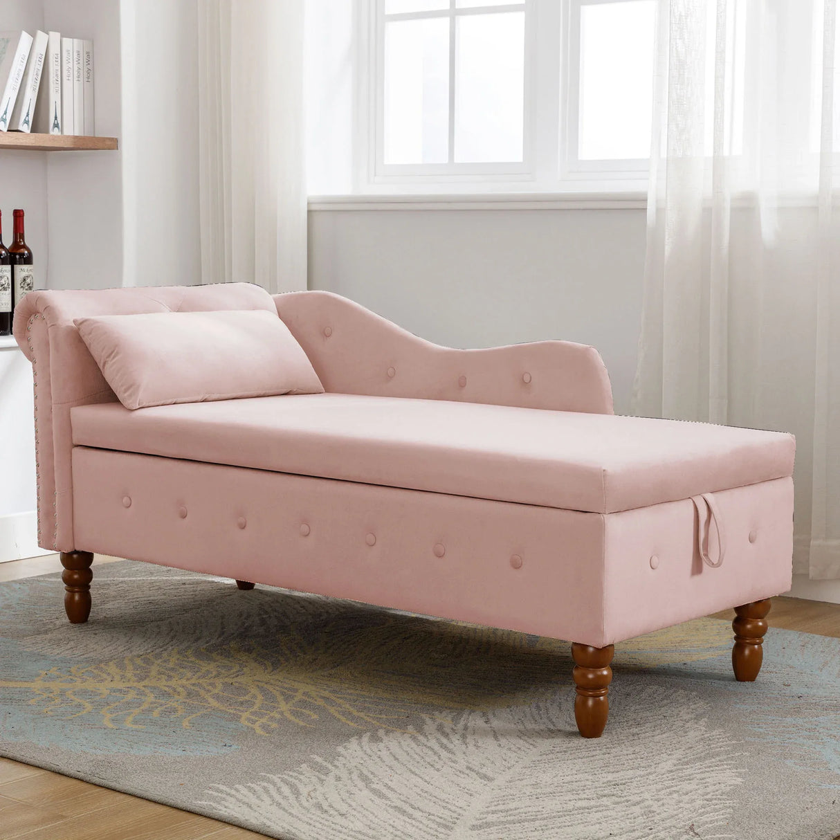 Pink Velvet Storage Chaise Lounge With Pillow - Omega Lifestyles