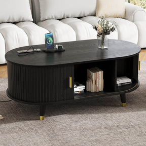 Mid-Century Modern Black Fluted Coffee Table With Charging Station - Omega Lifestyles