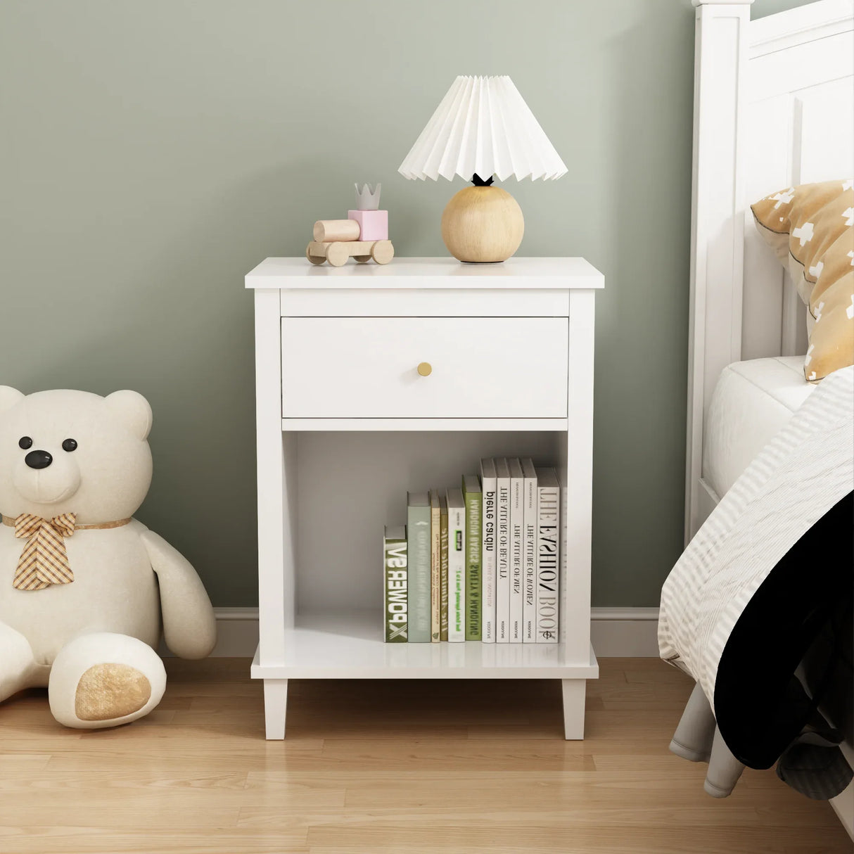 White MDF Kids Wooden Nightstand With Drawer Shelf - Omega Lifestyles