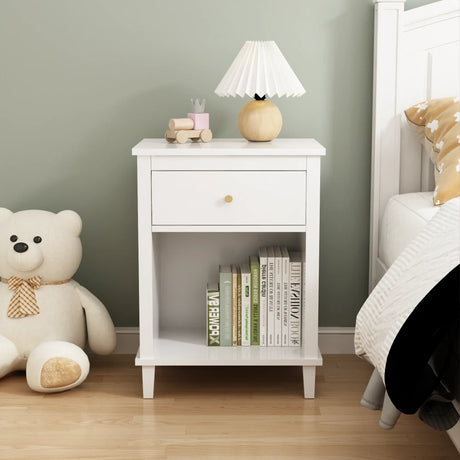 White MDF Kids Wooden Nightstand With Drawer Shelf - Omega Lifestyles
