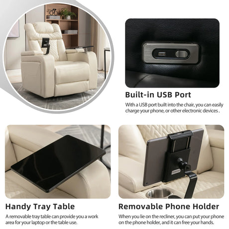 Power PU Leather Recliner Chair With Tray Table USB Port - Omega Lifestyles
