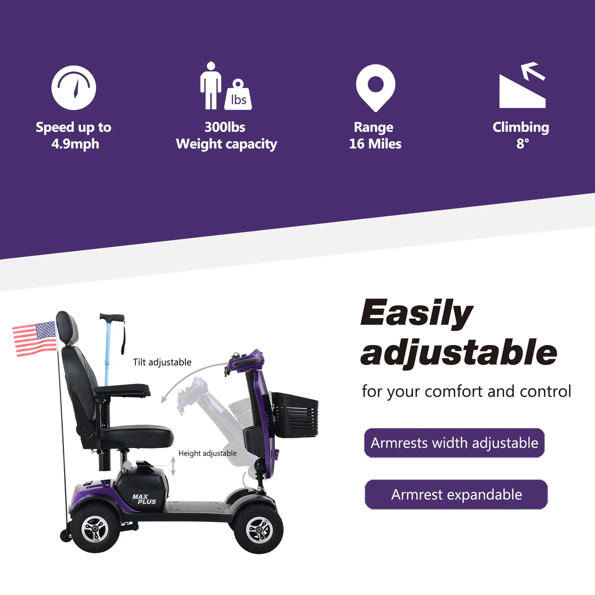 Outdoor Compact Purple Mobility Scooter With USB Charger Port - Omega Lifestyles