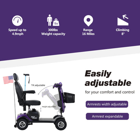 Outdoor Compact Purple Mobility Scooter With USB Charger Port - Omega Lifestyles