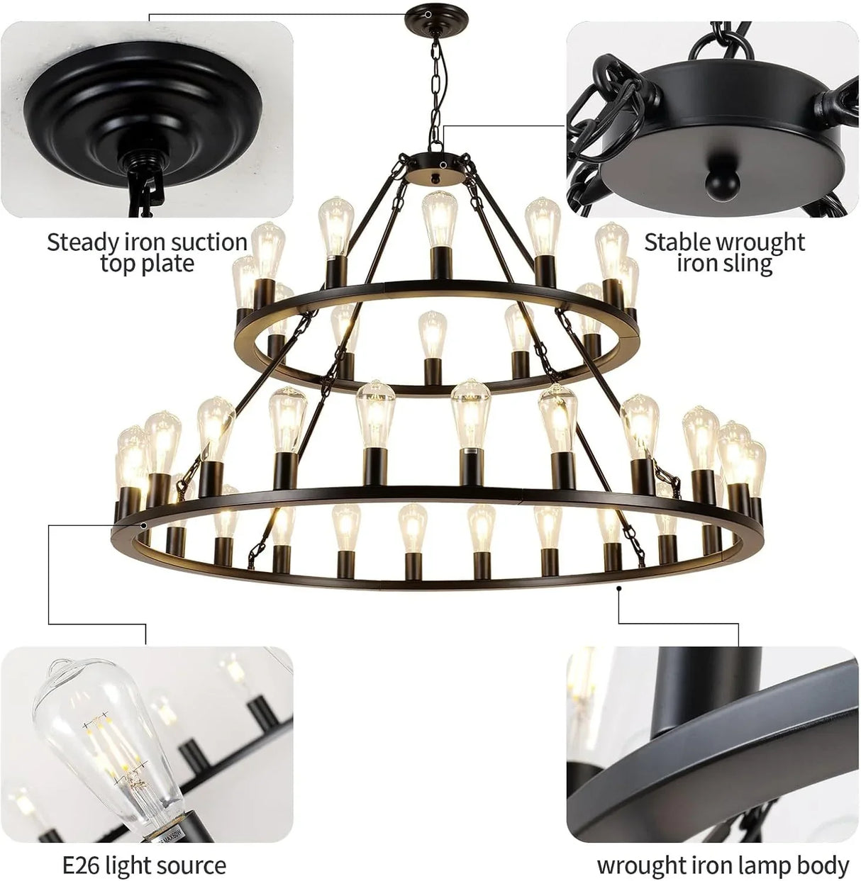 Farmhouse Matte Black 52-Inch Wagon Wheel Chandelier - Omega Lifestyles