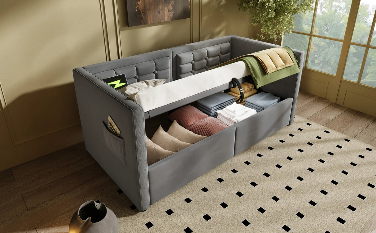 Twin Gray Velvet Upholstered Hydraulic Storage Daybed With USB Charging - Omega Lifestyles