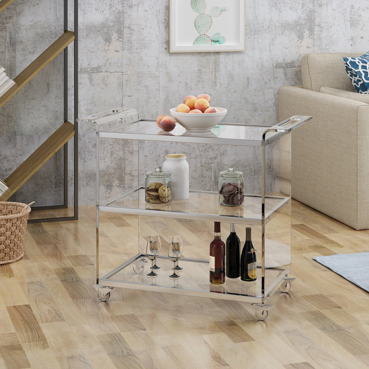 Acrylic Rattan Metal Frame Bar Cart With Tempered Glass Shelves - Omega Lifestyles