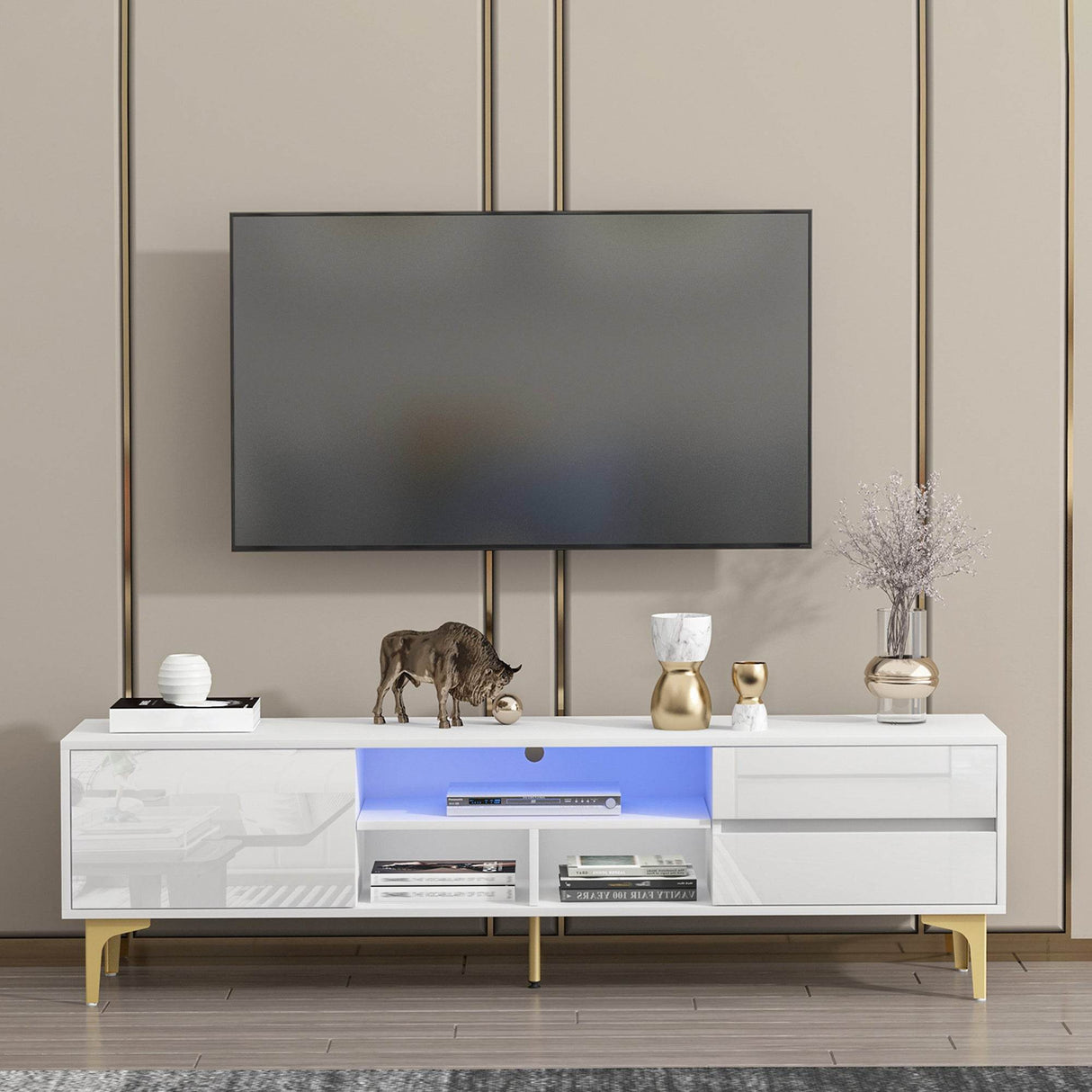 Antique White Particle Board TV Stand Console With LED Lights - Omega Lifestyles