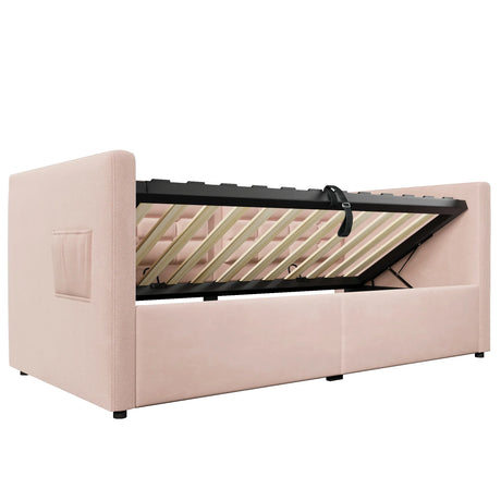 Twin Pink Velvet Upholstered Hydraulic Storage Bed Frame - Omega Lifestyles
