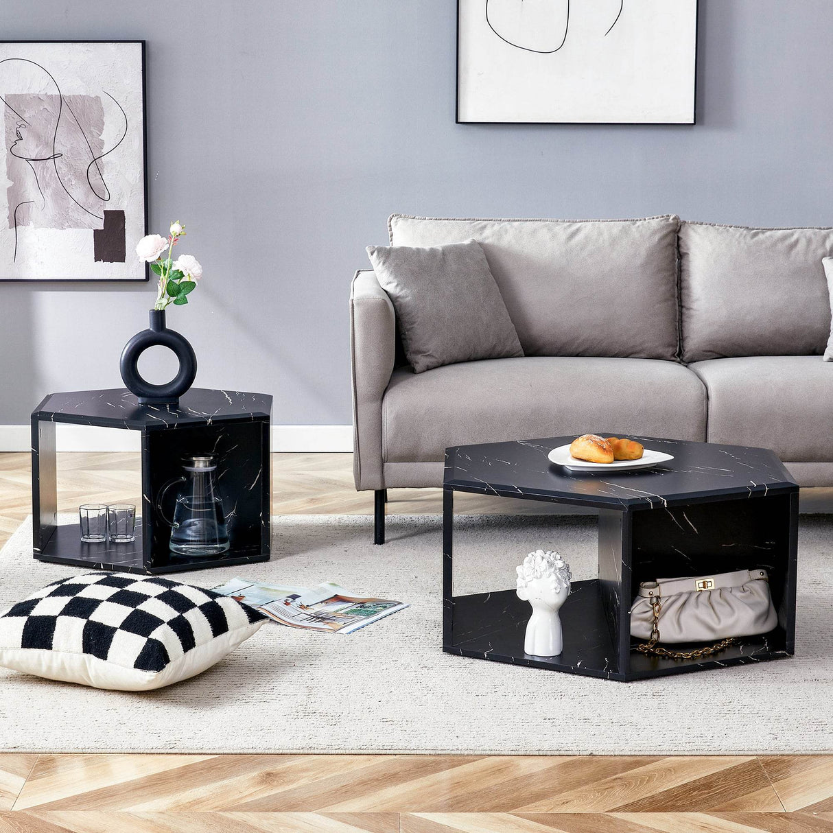 Set Of 2 Modern Minimalist Black Hexagonal Coffee Tables - Sleep Galleria