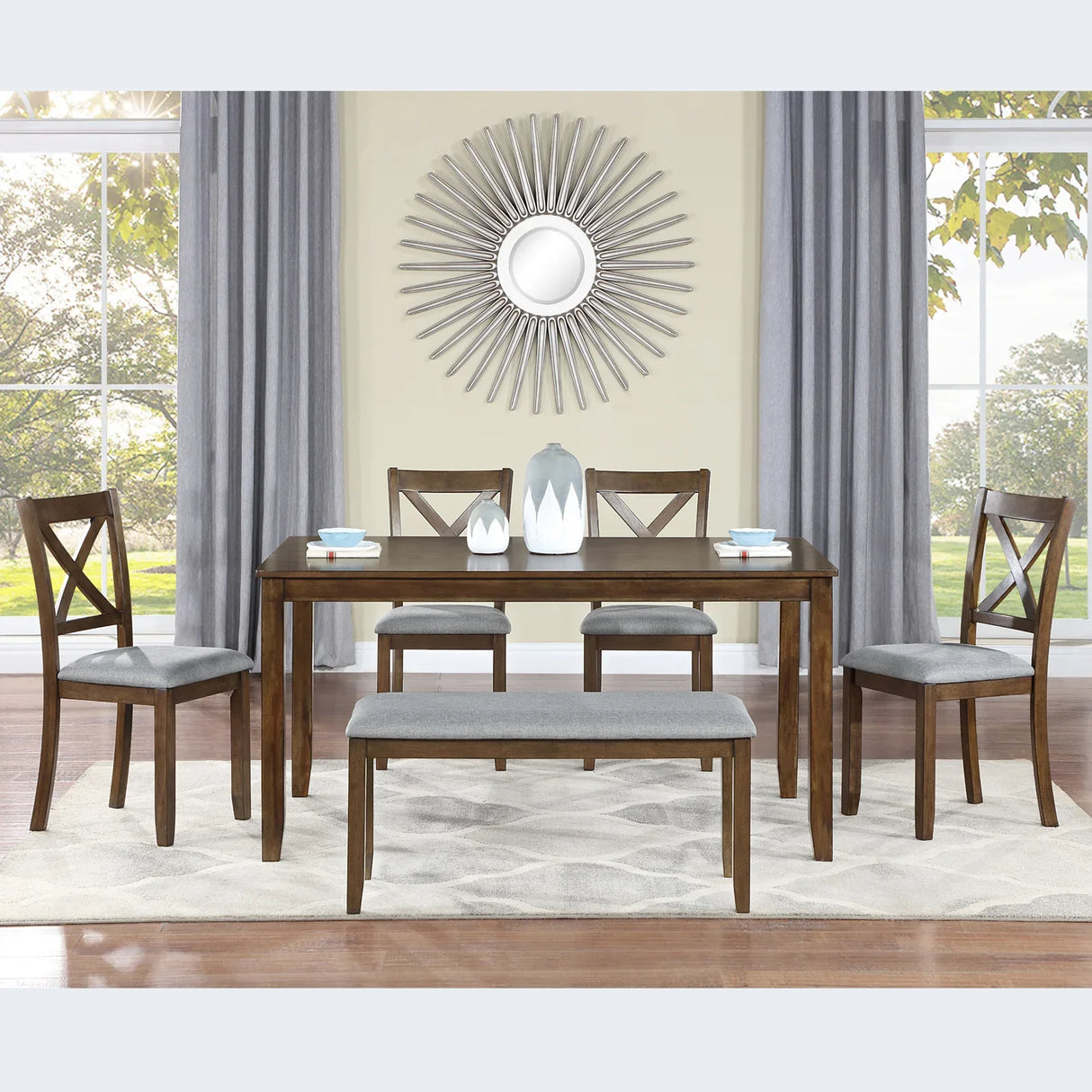 6-Piece Walnut Acacia Wood Dining Table Set With Bench - Omega Lifestyles