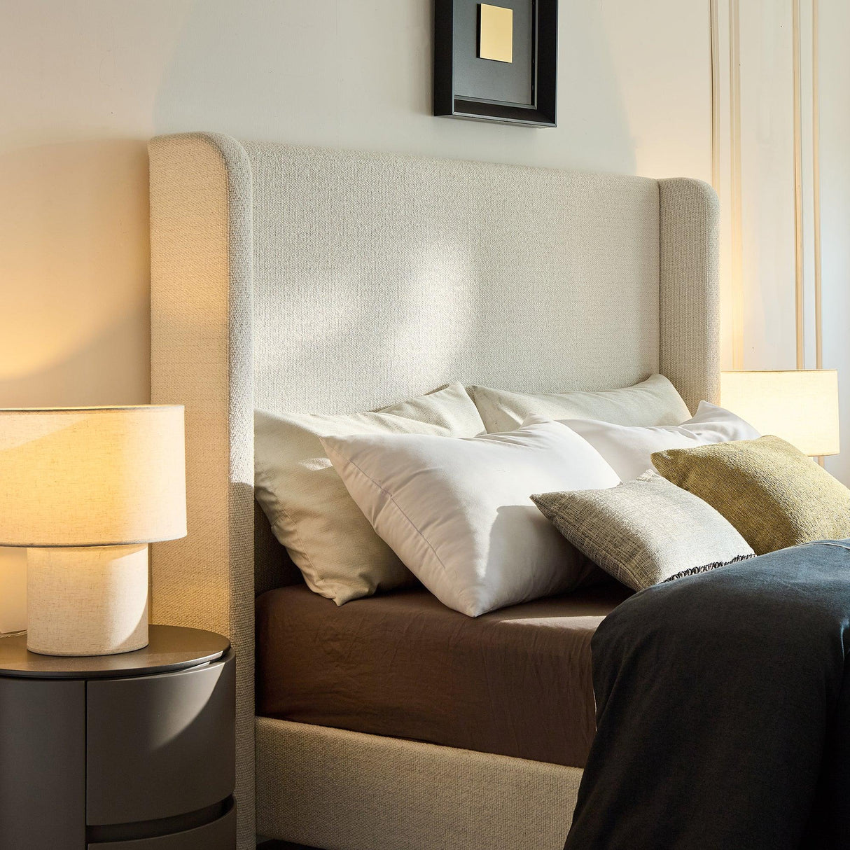 Queen Boucle Upholstered Bed Frame With Tall Headboard - Omega Lifestyles