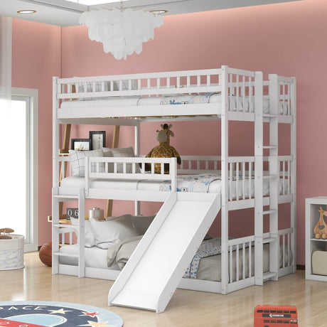 Full Triple Solid Wood Bunk Bed With Slide And Ladders - Omega Lifestyles