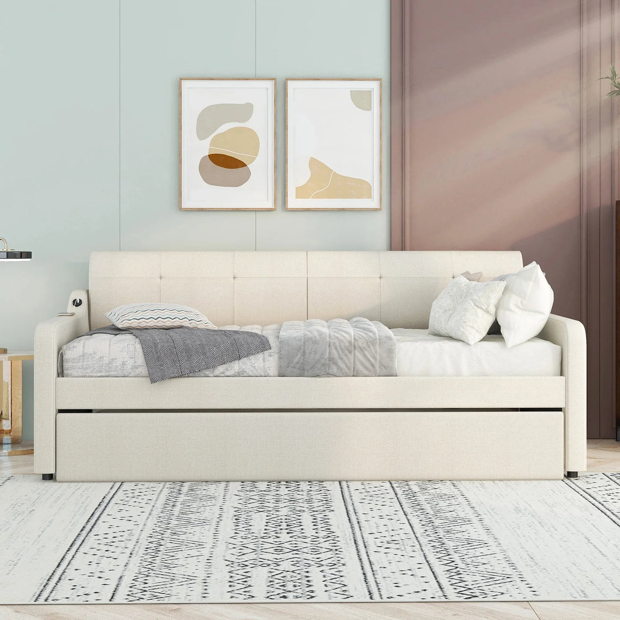 Twin Beige Upholstered Daybed With Trundle And USB Charging - Omega Lifestyles