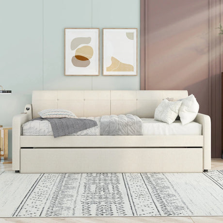 Twin Beige Upholstered Daybed With Trundle And USB Charging - Omega Lifestyles
