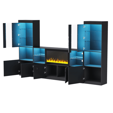 Modern Black LED Fireplace TV Stand with Shelves - Omega Lifestyles