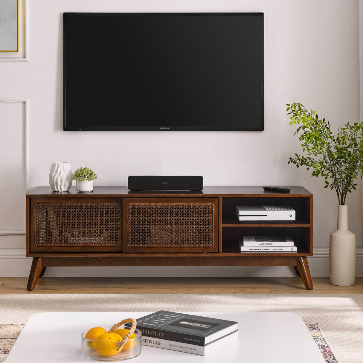 59-Inch Mid Century Modern Rattan TV Stand Cabinet - Sleep Galleria