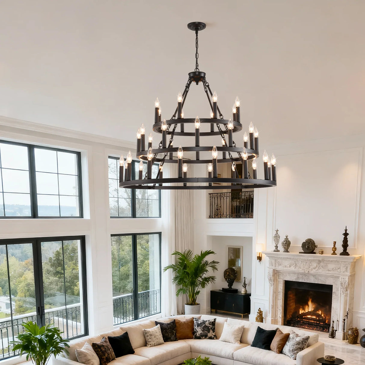 Farmhouse Wagon Wheel 36-Light Matte Black Chandelier - Omega Lifestyles