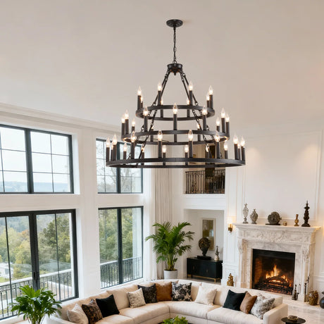 Farmhouse Wagon Wheel 36-Light Matte Black Chandelier - Omega Lifestyles