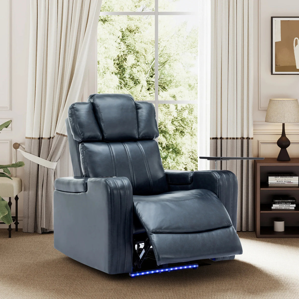 Blue PU Leather Power Recliner Chair With Cooling Cup Holder - Omega Lifestyles
