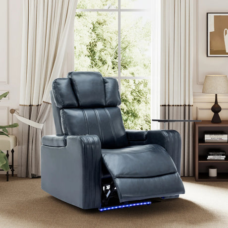 Blue PU Leather Power Recliner Chair With Cooling Cup Holder - Omega Lifestyles