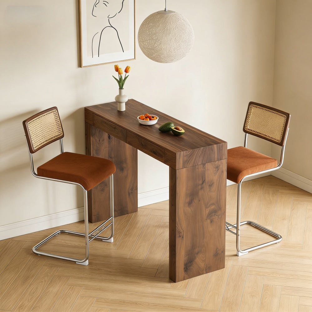 2-Piece Velvet Bar Chairs With Walnut Storage Table