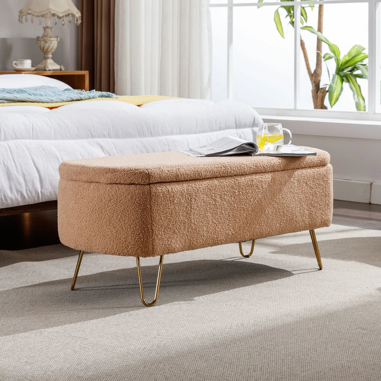Camel Faux Fur Storage Ottoman Bench With Gold Legs - Omega Lifestyles