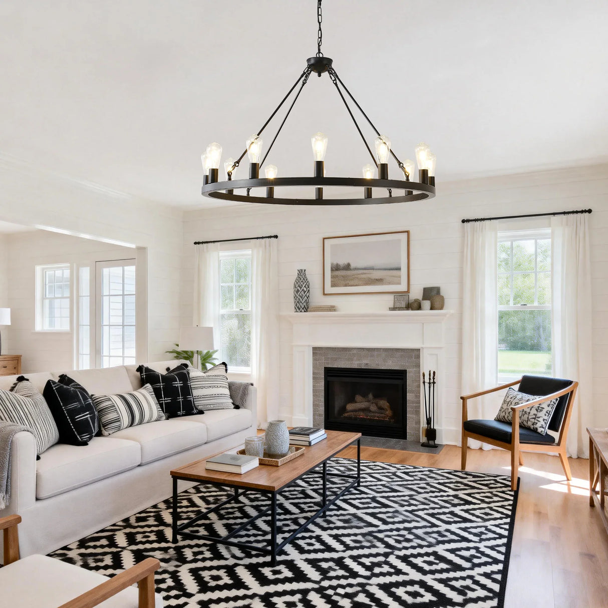 Farmhouse Matte Black Wagon Wheel 12-Light Chandelier - Omega Lifestyles