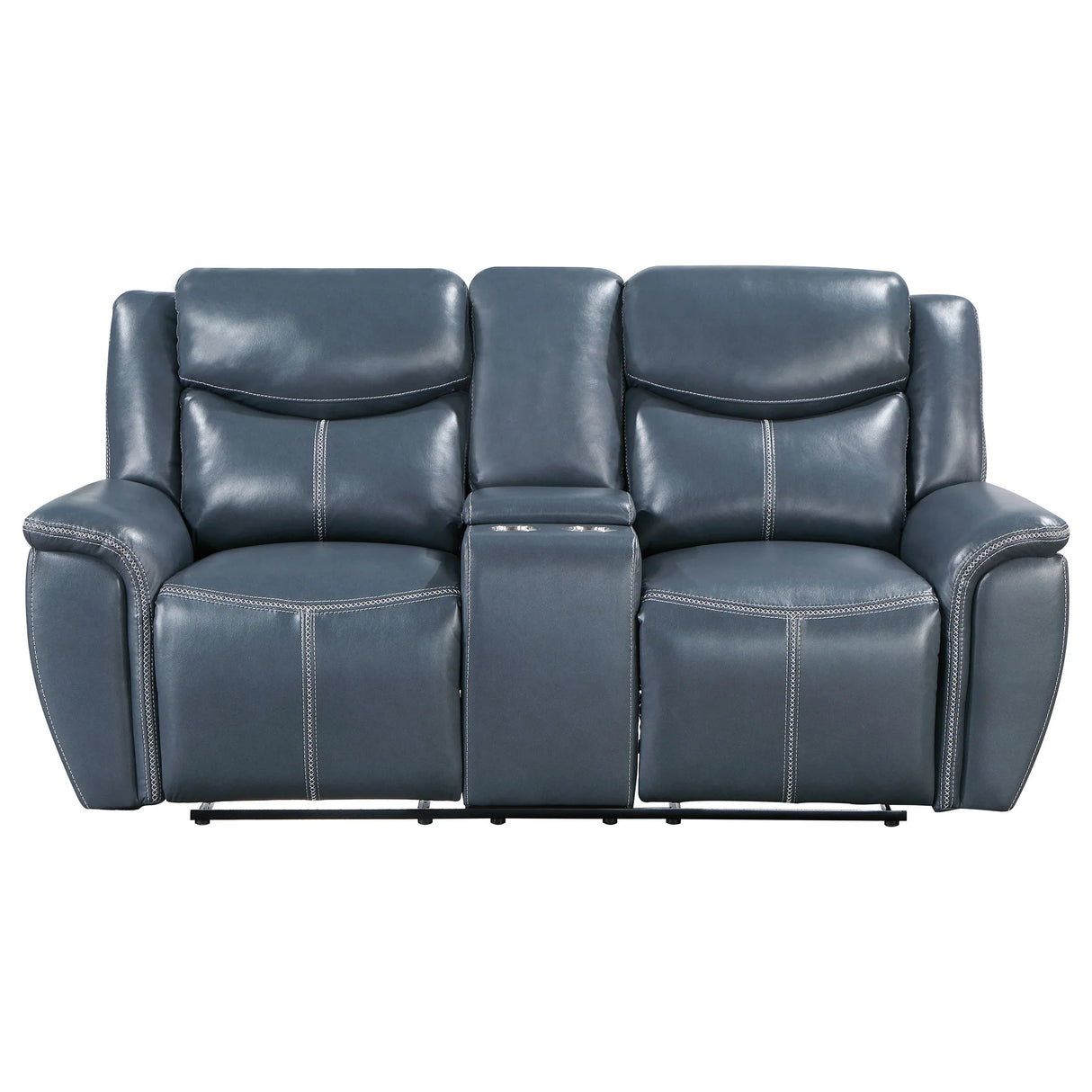 Blue Upholstered Motion Reclining Loveseat With Console - Omega Lifestyles