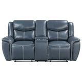 Blue Upholstered Motion Reclining Loveseat With Console - Omega Lifestyles