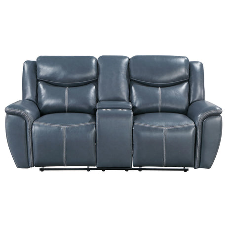 Blue Upholstered Motion Reclining Loveseat With Console - Omega Lifestyles