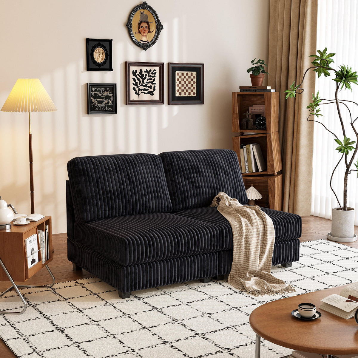 Black Corduroy Double-Seater Sofa With Premium Fabric - Omega Lifestyles