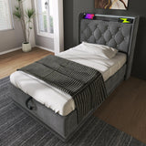 Twin Upholstered Linen Storage Bed With LED Lighting - Omega Lifestyles