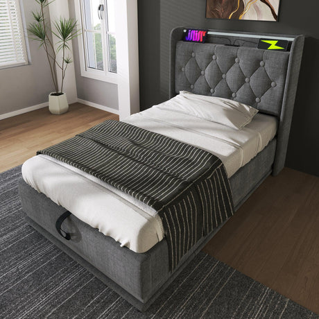 Twin Upholstered Linen Storage Bed With LED Lighting - Omega Lifestyles