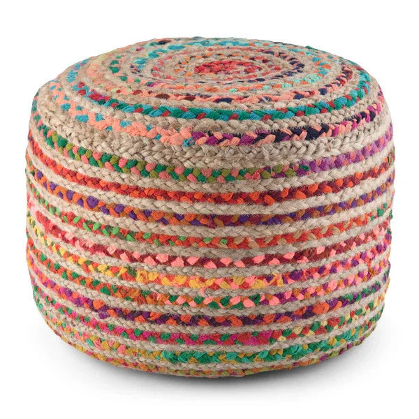 Round Multi Color Handcrafted Cotton Jute Pouf Seating - Omega Lifestyles