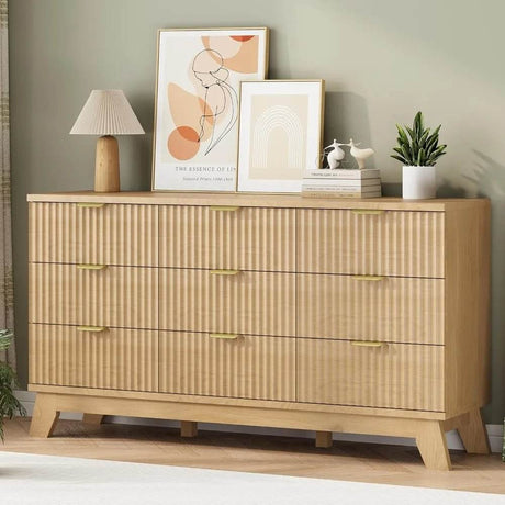 57-Inch Modern Fluted Wood Dresser With 9 Drawers - Omega Lifestyles