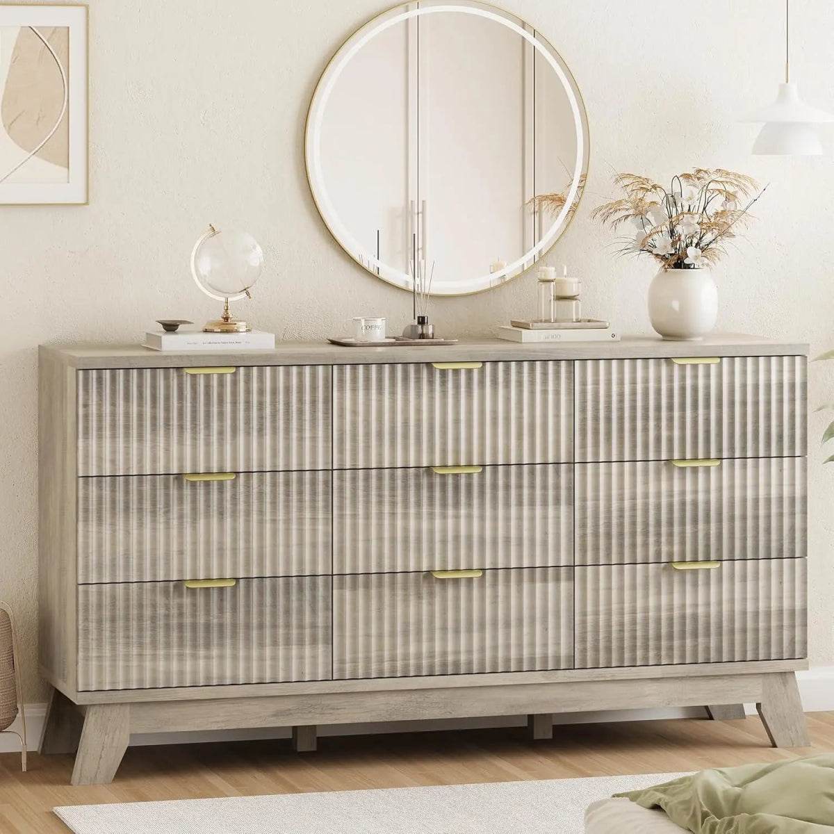 57-Inch Modern Fluted Wood Dresser With 9 Drawers - Omega Lifestyles