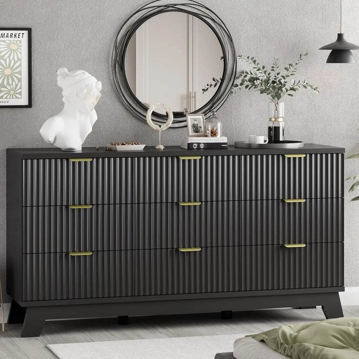 57-Inch Modern Fluted Wood Dresser With 9 Drawers - Omega Lifestyles