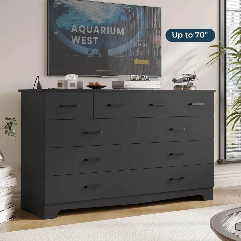Modern 10-Drawer Engineered Wood Dresser With Charging Station - Omega Lifestyles